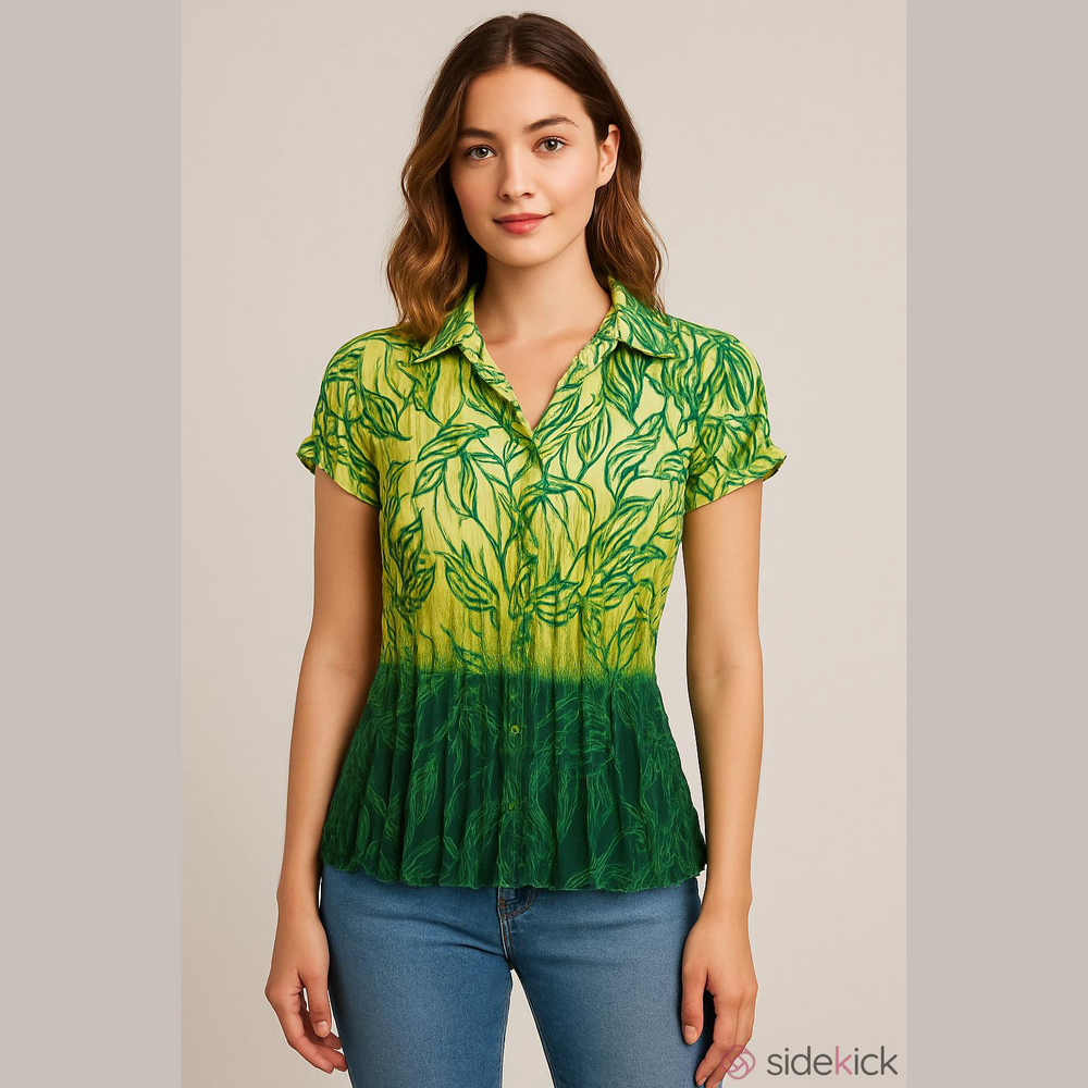 Sunny Leigh Green and Yellow Leaf Print Blouse